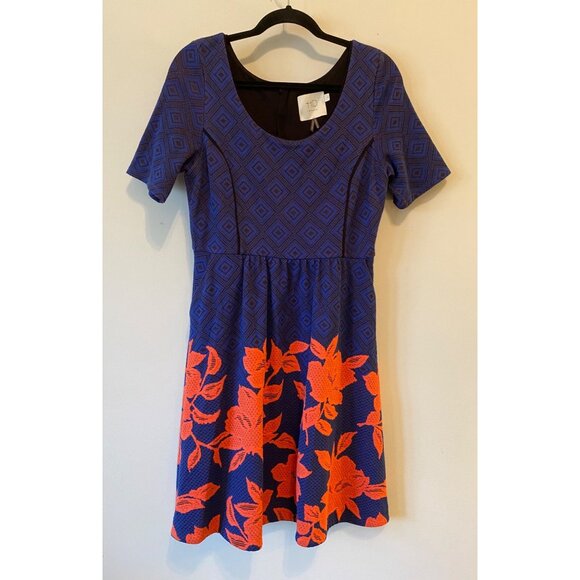 HD In Paris Dress Blue & Orange Geometric Floral Fit & Flare Drop Waist Medium - Picture 1 of 12